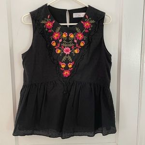 Time and Tru black blouse with floral embroidery.